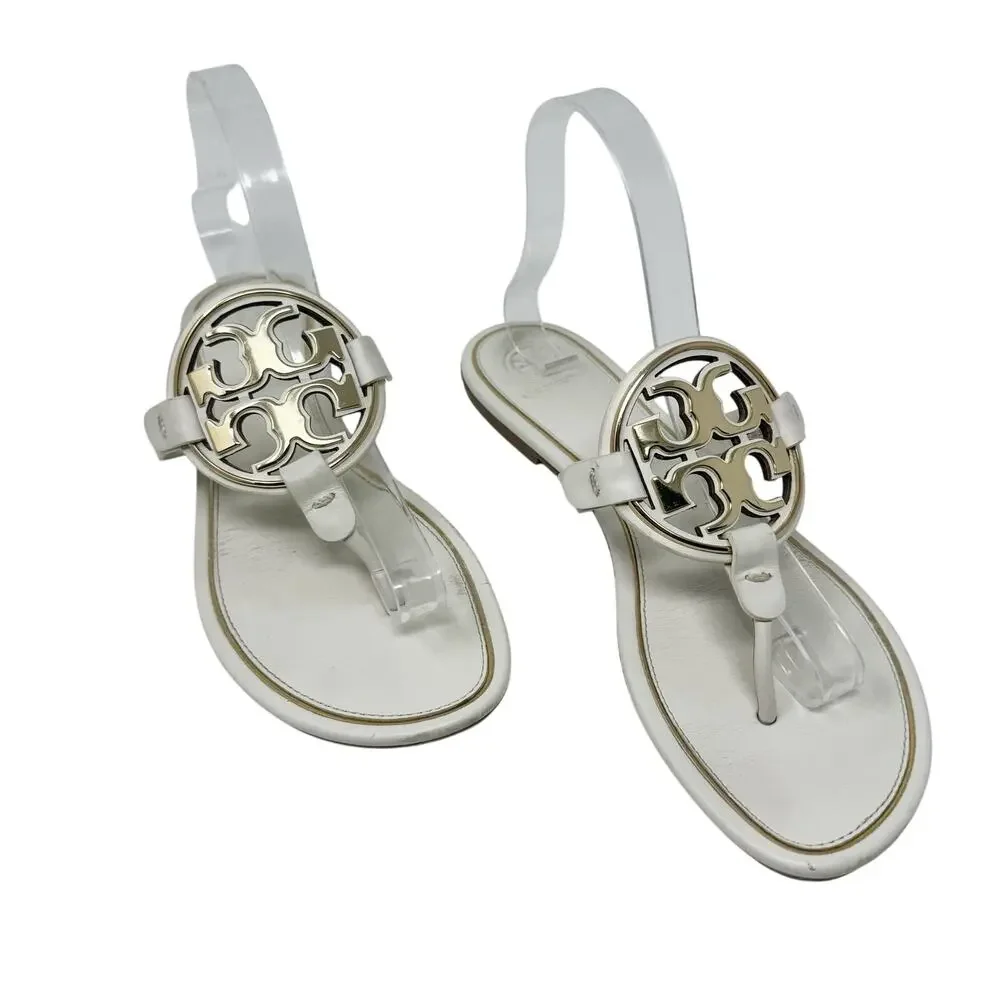 Tory Burch Ivory Benton Thong Slide Sandal Leather Gold Logo Box 9.5